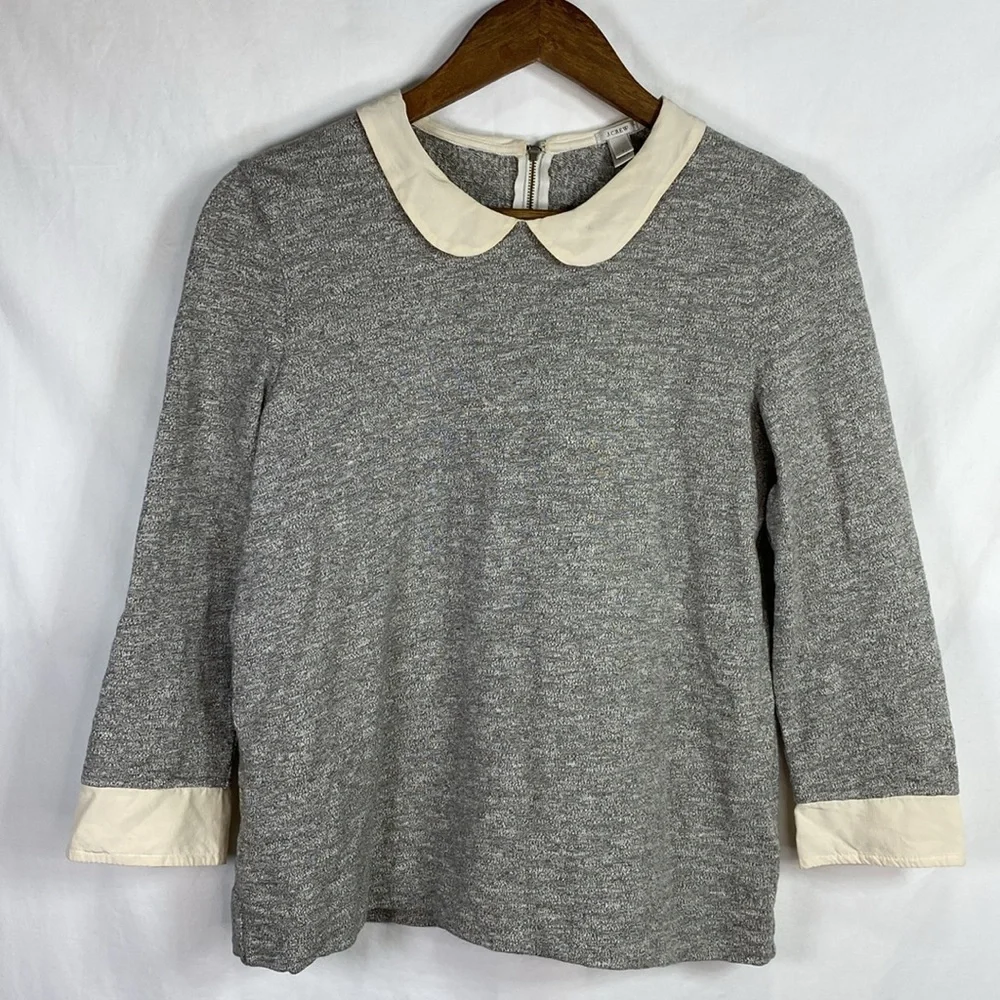 J. Crew Gray with Cream Silk Trim Peter Pan Collar Long Sleeve Shirt Top, Size S